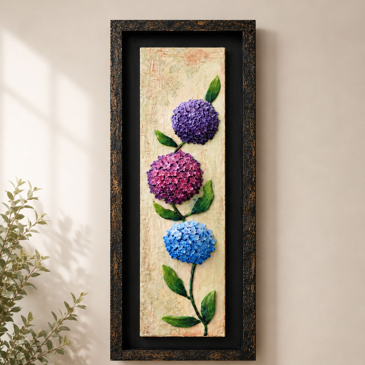 Elegant 3D Floral Relief Wall Art With Two Purple Shade and a Blue Flower.